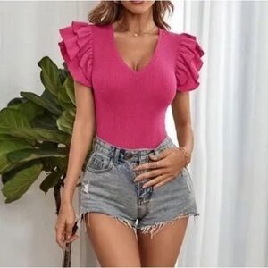 Vibrant Pink Ruffle Sleeve Bodysuit